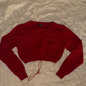 Fashion Nova Red V-Neck Cropped Drawstring Sweater